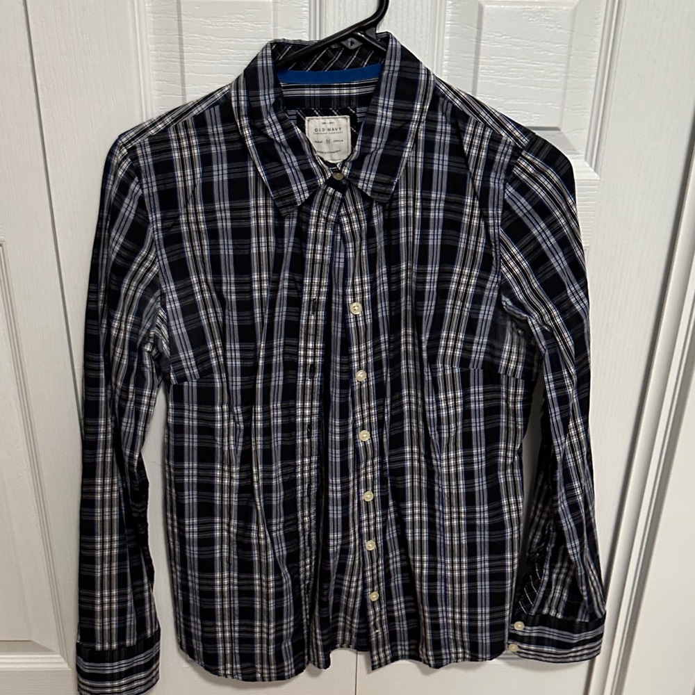 Old Navy Blue and Black Plaid Shirt